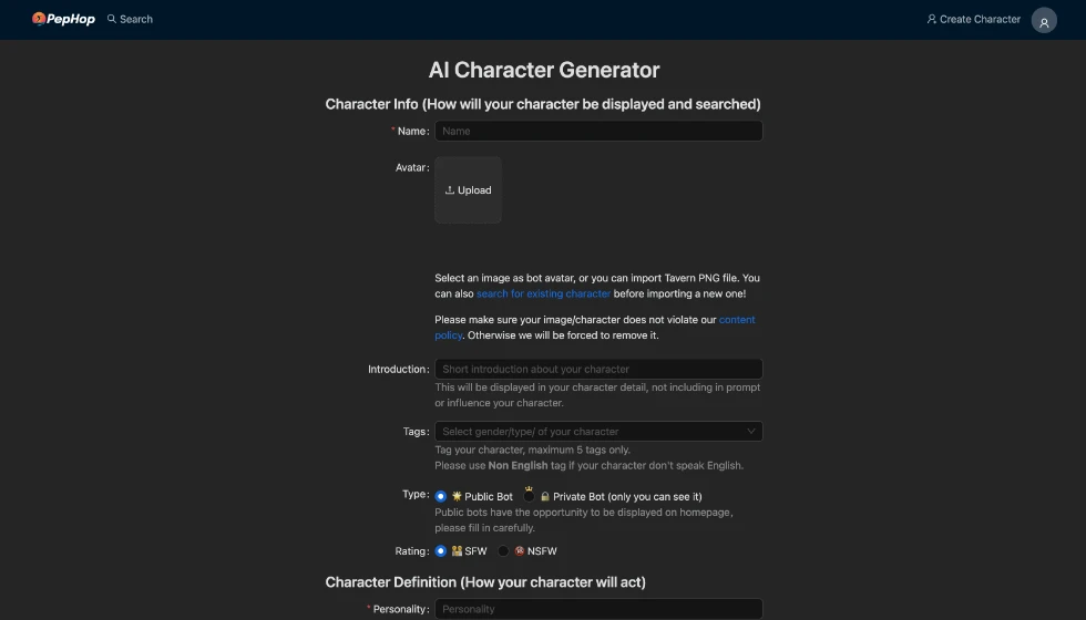 PepHop character creation