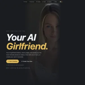 HeyGF.ai homepage with the headline Your AI Girlfriend and buttons to start chatting or create your own