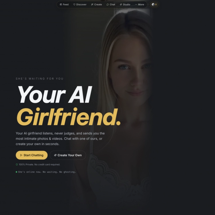 HeyGF.ai homepage with the headline Your AI Girlfriend and buttons to start chatting or create your own
